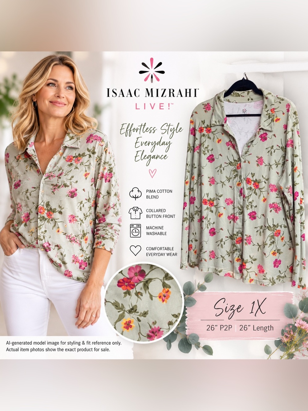 ISAAC MIZRAHI LIVE! PIMA COTTON FLORAL BUTTON FRONT SHIRT • 1X